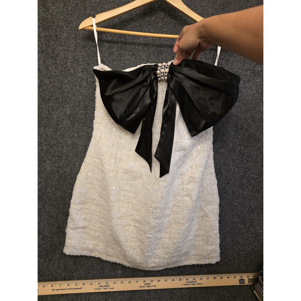 Fashion Nova Dress Womens 1X White Quinn Tweed Mini Black Bow Pearl Sequin HOCO